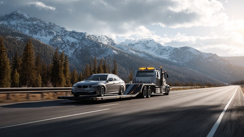 Professional flatbed tow truck transporting a vehicle on a highway for long distance towing quotes