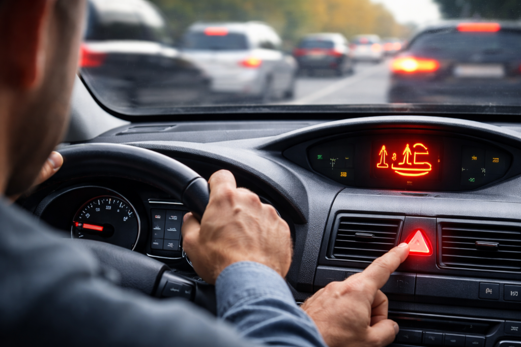 Driver turning on hazard lights inside car during roadside emergency