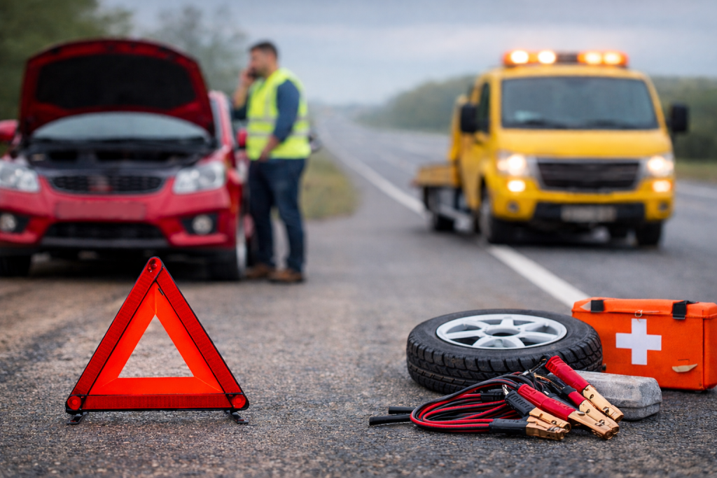 Broken down car on highway with tow truck approaching