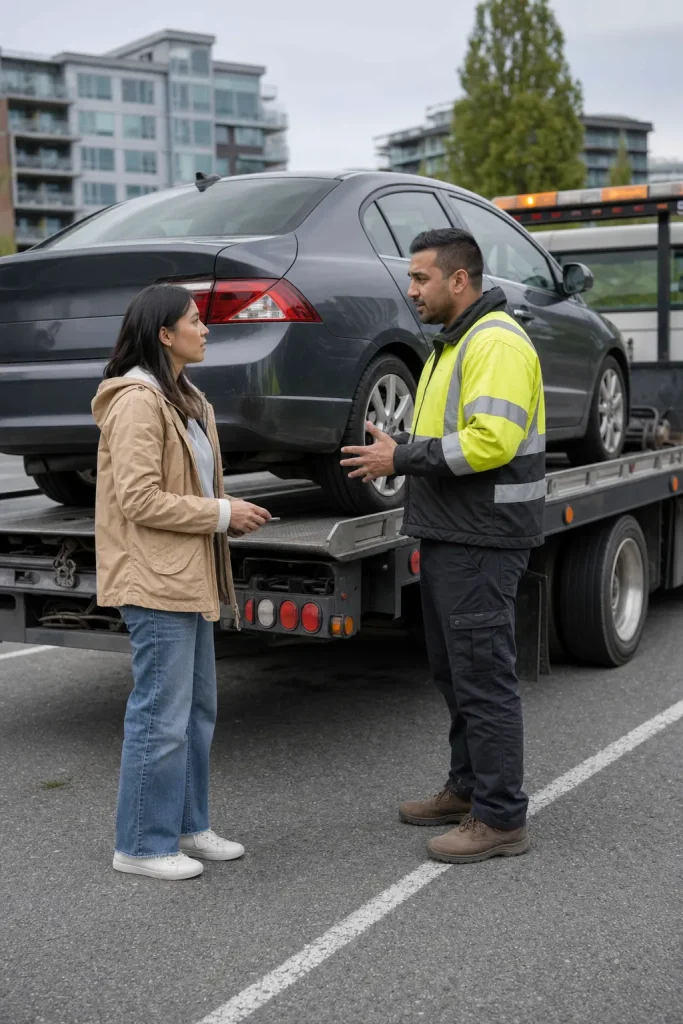 Driver confirming local towing details with an independent tow operator