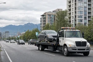 Flatbed tow truck transporting a car through Metro Vancouver